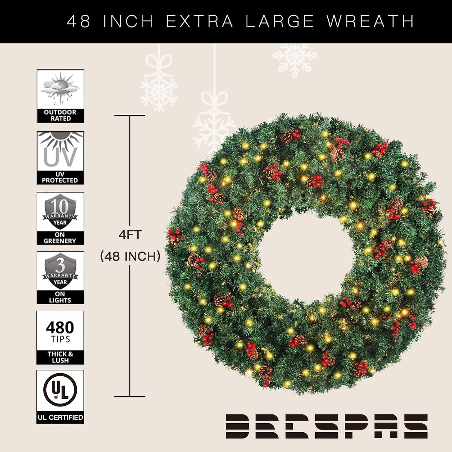 Large Outdoor Christmas Wreath – Pre-lit