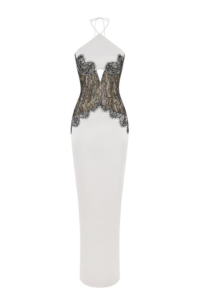 Satin and lace corset maxi dress
